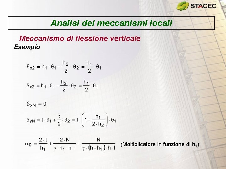 Analisi dei meccanismi locali Meccanismo di flessione verticale Esempio (Moltiplicatore in funzione di h