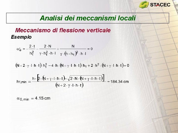 Analisi dei meccanismi locali Meccanismo di flessione verticale Esempio 