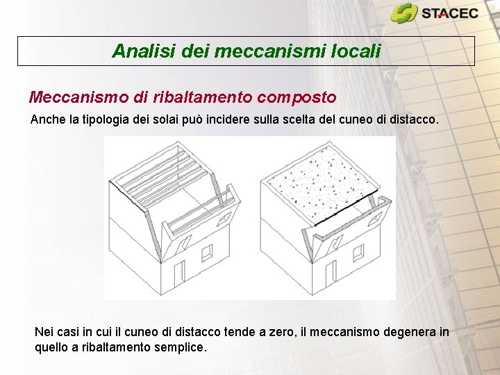 Analisi dei meccanismi locali Meccanismo di ribaltamento composto Anche la tipologia dei solai può