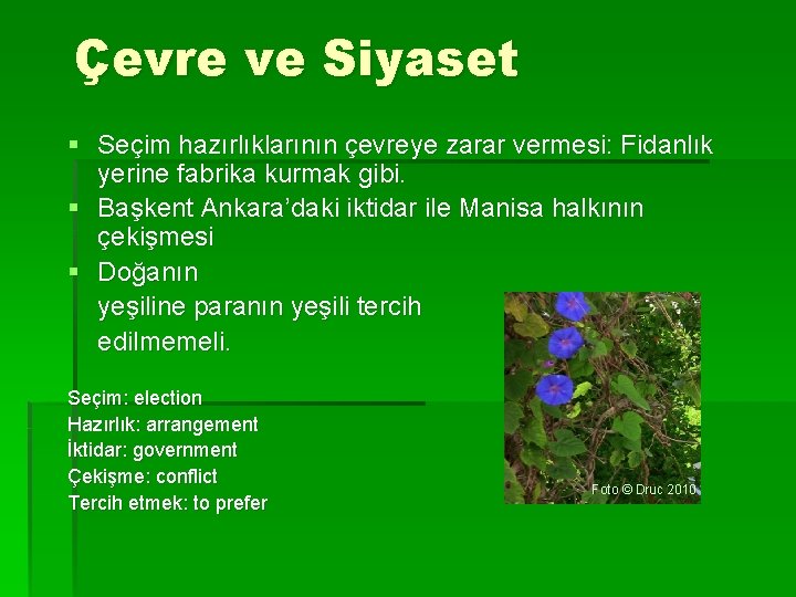 Çevre ve Siyaset § Seçim hazırlıklarının çevreye zarar vermesi: Fidanlık yerine fabrika kurmak gibi.