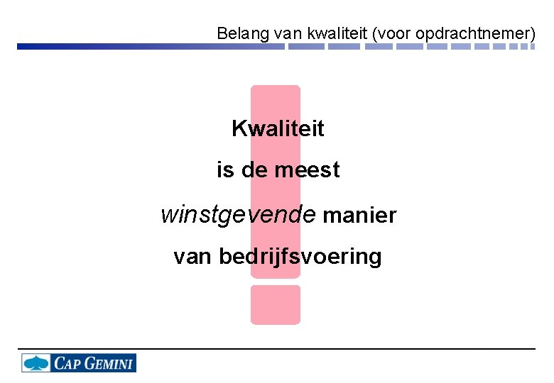 Belang van kwaliteit (voor opdrachtnemer) Kwaliteit is de meest winstgevende manier van bedrijfsvoering 