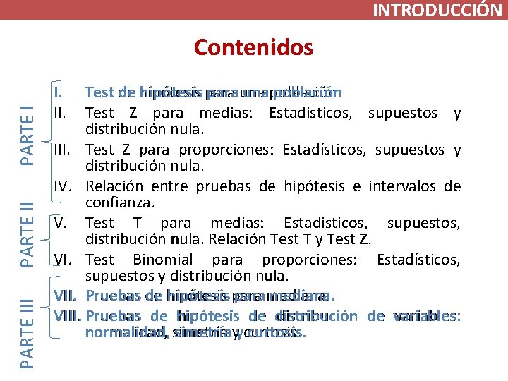INTRODUCCIÓN PARTE III PARTE I Contenidos I. II. Test de hipótesis para una población INTRODUCCIÓN PARTE III PARTE I Contenidos I. II. Test de hipótesis para una población