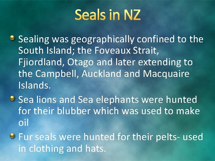 Seals in NZ Sealing was geographically confined to the South Island; the Foveaux Strait,