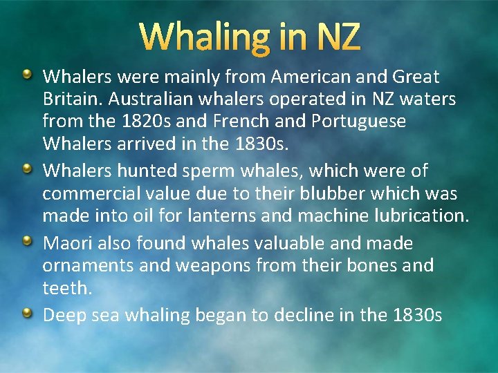 Whaling in NZ Whalers were mainly from American and Great Britain. Australian whalers operated