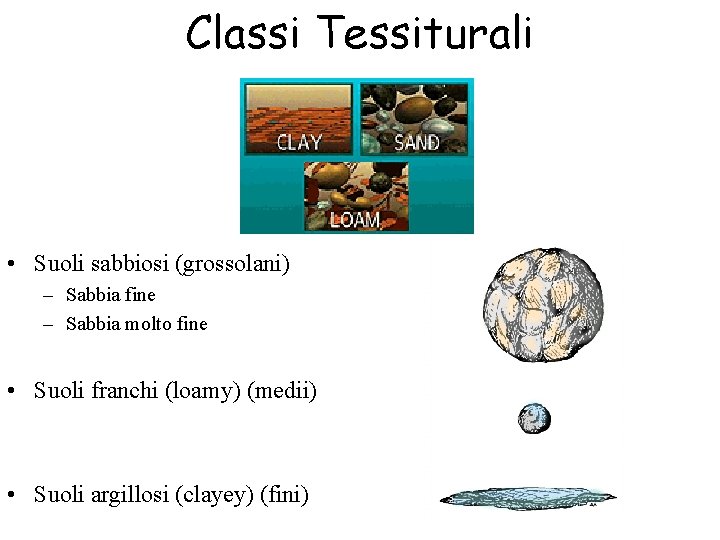 Classi Tessiturali • Suoli sabbiosi (grossolani) – Sabbia fine – Sabbia molto fine •