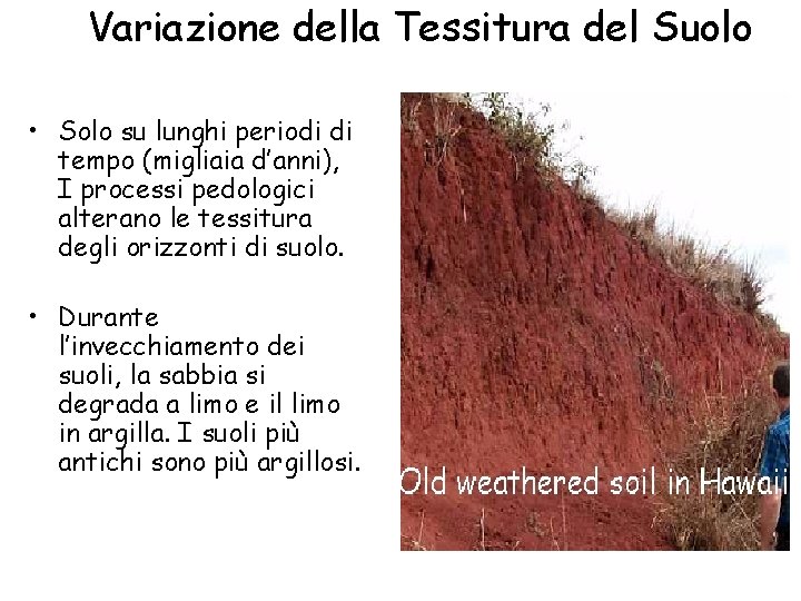 Variazione della Tessitura del Suolo • Solo su lunghi periodi di tempo (migliaia d’anni),