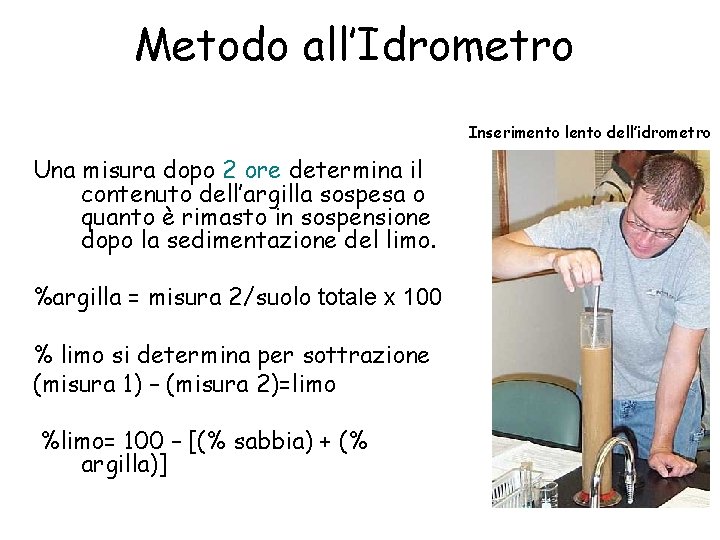 Metodo all’Idrometro Inserimento lento dell’idrometro Una misura dopo 2 ore determina il contenuto dell’argilla