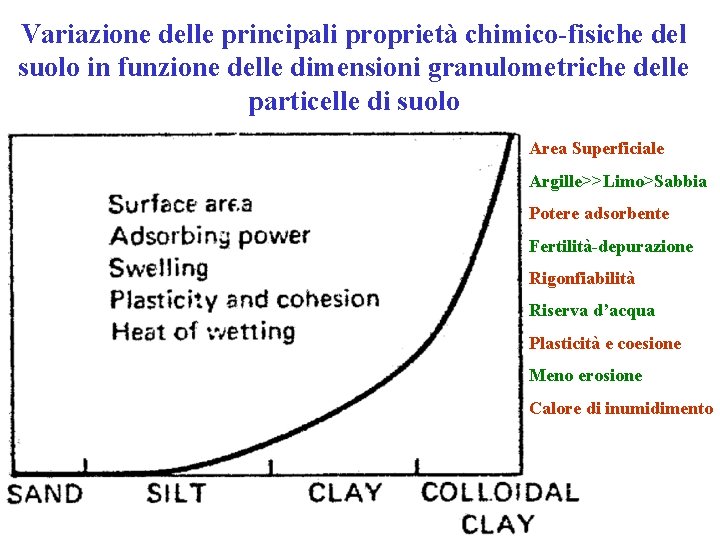 Variazione delle principali proprietà chimico-fisiche del suolo in funzione delle dimensioni granulometriche delle particelle