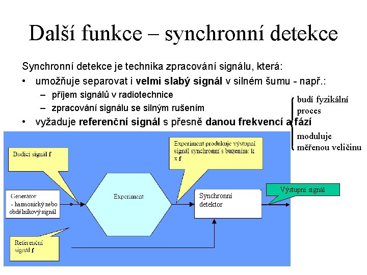 Další funkce – synchronní detekce Synchronní detekce je technika zpracování signálu, která: • umožňuje