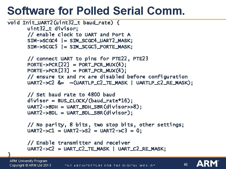 Software for Polled Serial Comm. void Init_UART 2(uint 32_t baud_rate) { uint 32_t divisor;