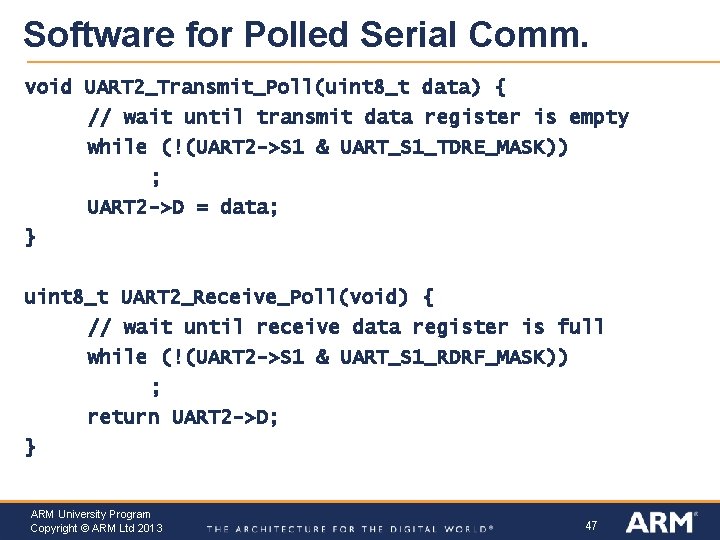 Software for Polled Serial Comm. void UART 2_Transmit_Poll(uint 8_t data) { // wait until