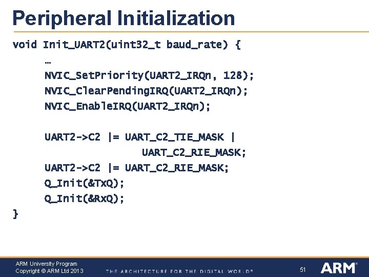 Peripheral Initialization void Init_UART 2(uint 32_t baud_rate) { … NVIC_Set. Priority(UART 2_IRQn, 128); NVIC_Clear.