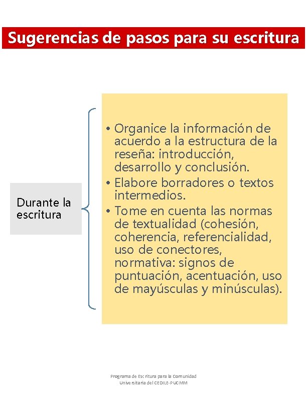 Sugerencias de pasos para su escritura Durante la escritura • Organice la información de