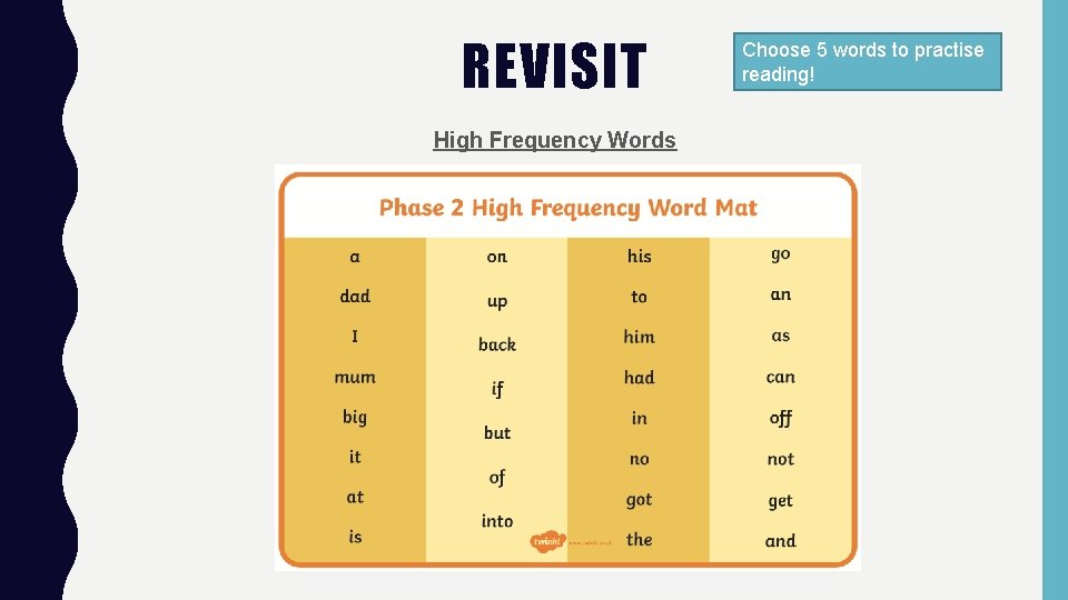 REVISIT High Frequency Words Choose 5 words to practise reading! REVISIT High Frequency Words Choose 5 words to practise reading!