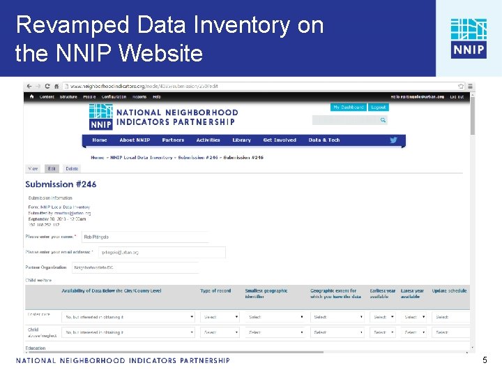 Revamped Data Inventory on the NNIP Website Data Inventory Analysis Rob Pitingolo, The Urban