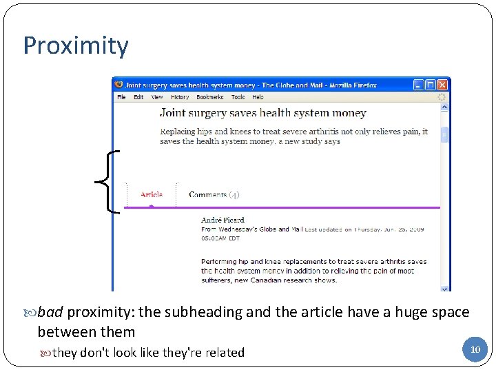 Proximity bad proximity: the subheading and the article have a huge space between them