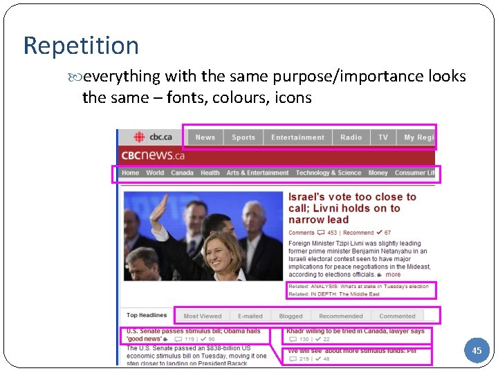 Repetition everything with the same purpose/importance looks the same – fonts, colours, icons 45