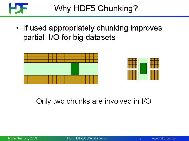 Why HDF 5 Chunking? • If used appropriately chunking improves partial I/O for big