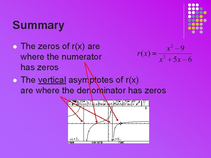 Summary l l The zeros of r(x) are where the numerator has zeros The