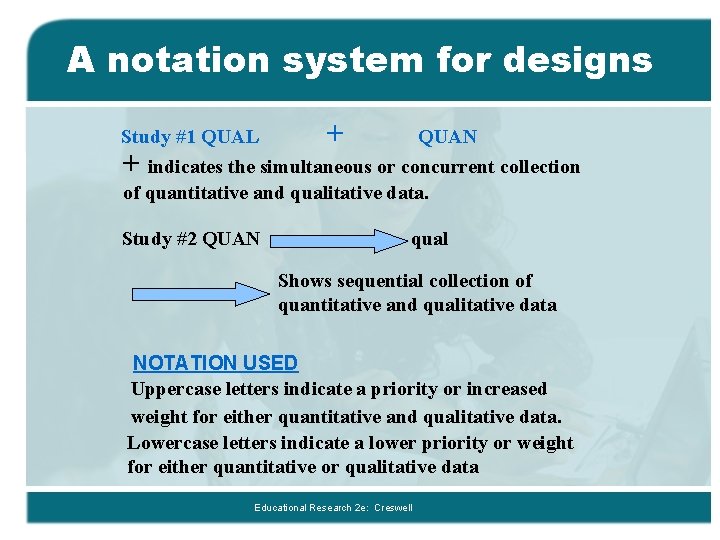 A notation system for designs Study #1 QUAL + QUAN + indicates the simultaneous