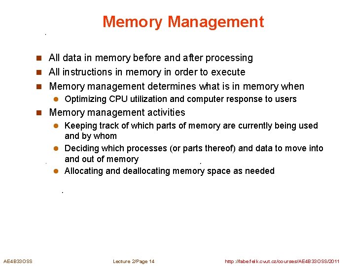 Memory Management n All data in memory before and after processing n All instructions