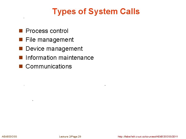Types of System Calls n Process control n File management n Device management n