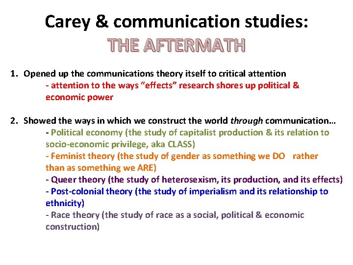 Carey & communication studies: THE AFTERMATH 1. Opened up the communications theory itself to