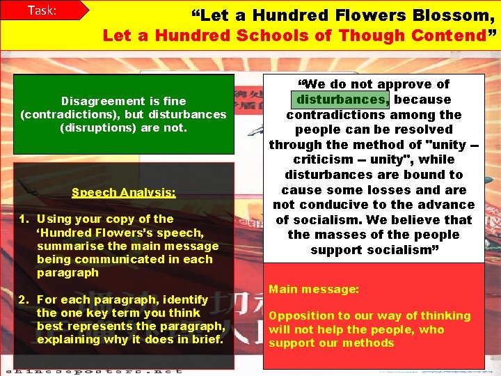 Task: “Let a Hundred Flowers Blossom, Let a Hundred Schools of Though Contend” Mao