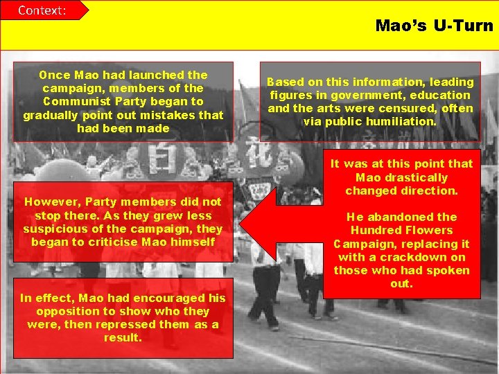 Context: Once Mao had launched the campaign, members of the Communist Party began to