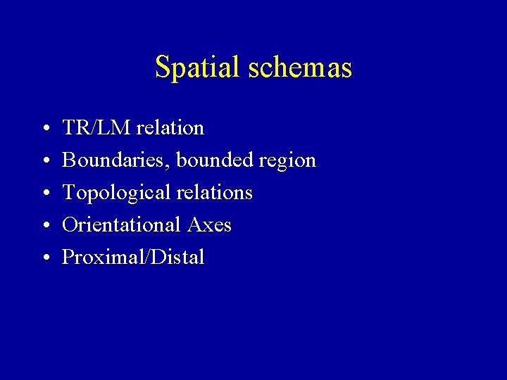 Spatial schemas • • • TR/LM relation Boundaries, bounded region Topological relations Orientational Axes