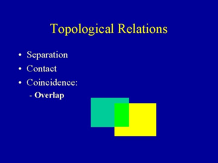 Topological Relations • Separation • Contact • Coincidence: - Overlap 