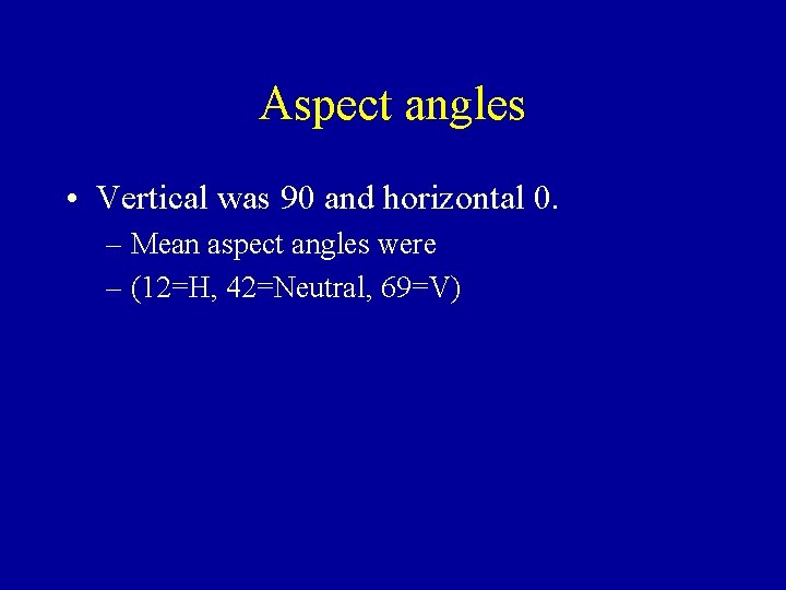 Aspect angles • Vertical was 90 and horizontal 0. – Mean aspect angles were