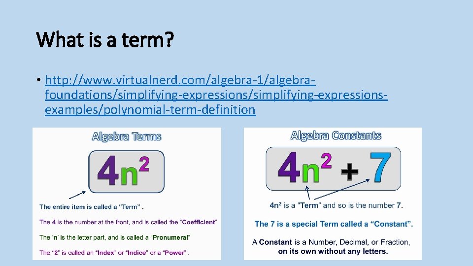 What is a term? • http: //www. virtualnerd. com/algebra-1/algebrafoundations/simplifying-expressionsexamples/polynomial-term-definition 