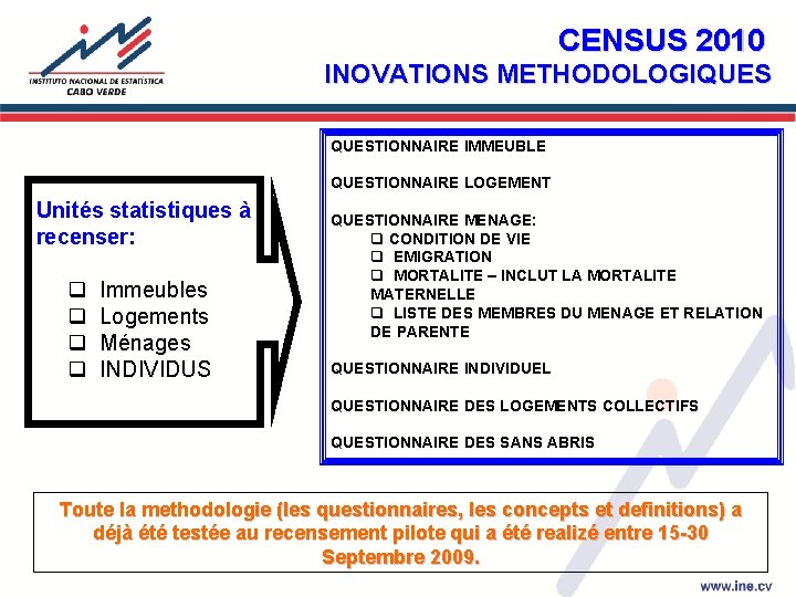 CENSUS 2010 INOVATIONS METHODOLOGIQUESTIONNAIRE IMMEUBLE QUESTIONNAIRE LOGEMENT Unités statistiques à recenser: q Immeubles q