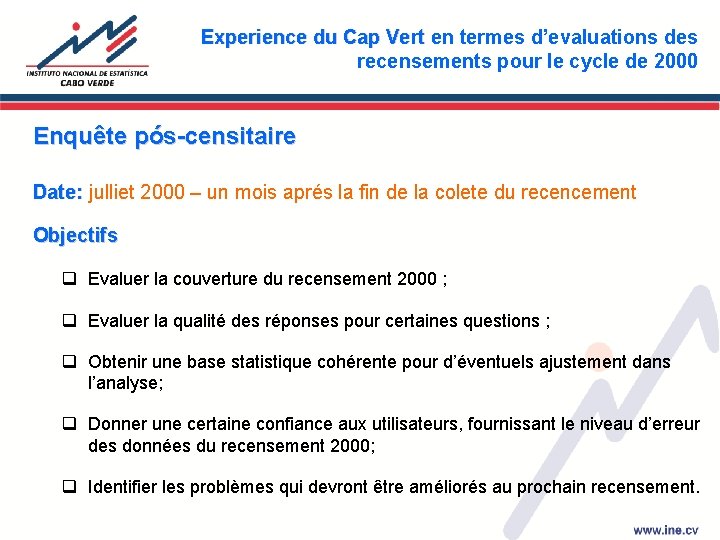 Experience du Cap Vert en termes d’evaluations des recensements pour le cycle de 2000