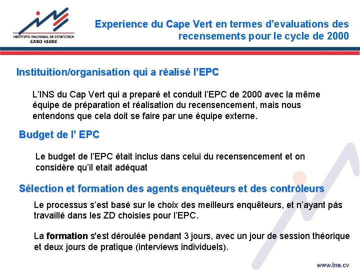 Experience du Cape Vert en termes d’evaluations des recensements pour le cycle de 2000