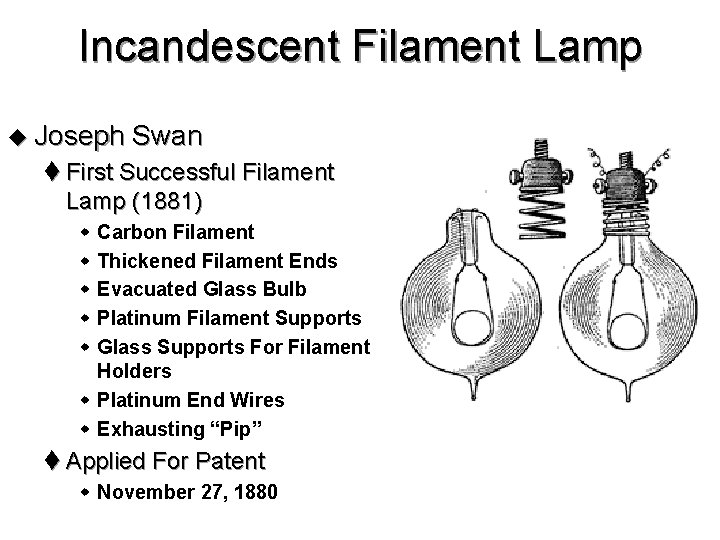 Incandescent Filament Lamp u Joseph Swan t First Successful Filament Lamp (1881) w w