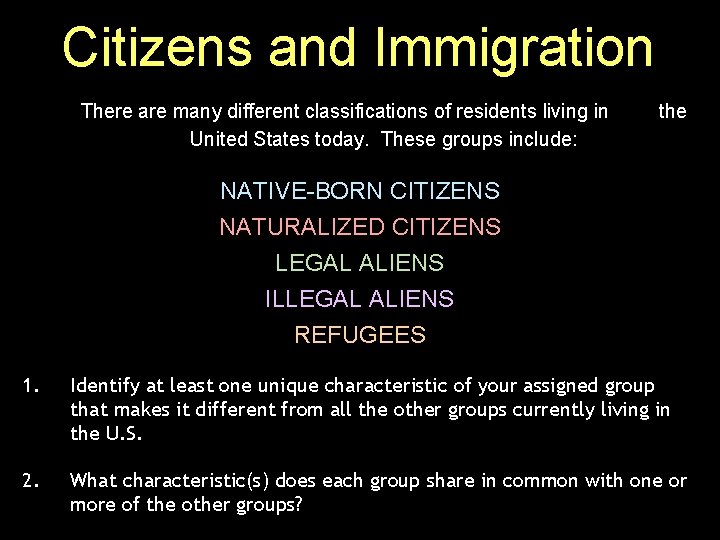 Citizens and Immigration There are many different classifications of residents living in United States