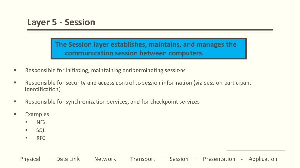 Layer 5 - Session The Session layer establishes, maintains, and manages the communication session