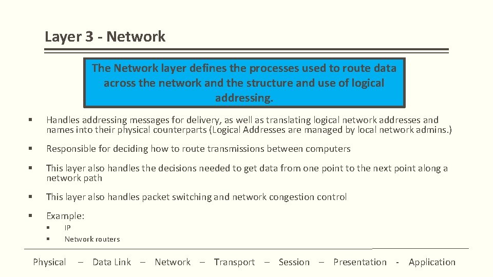 Layer 3 - Network The Network layer defines the processes used to route data