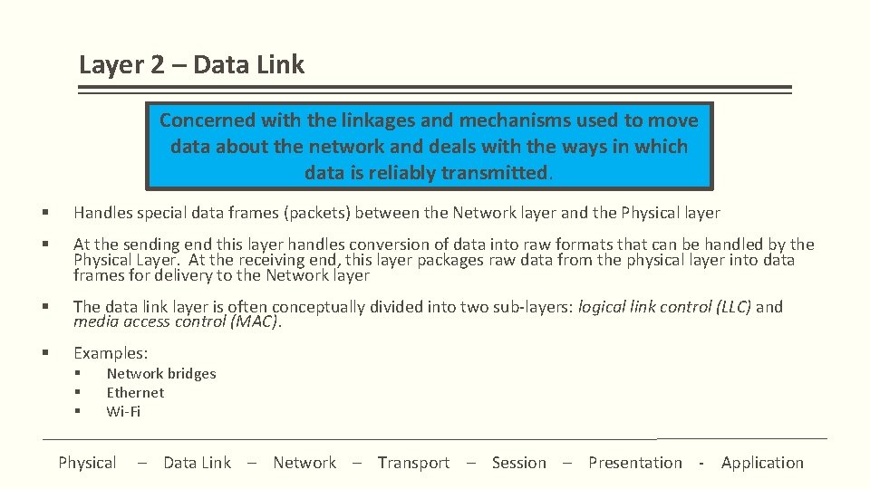 Layer 2 – Data Link Concerned with the linkages and mechanisms used to move