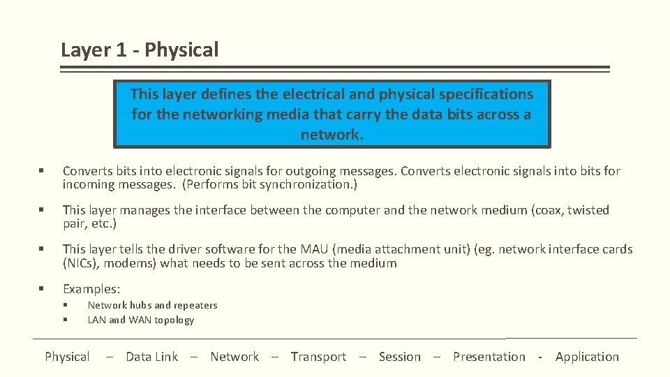 Layer 1 - Physical This layer defines the electrical and physical specifications for the