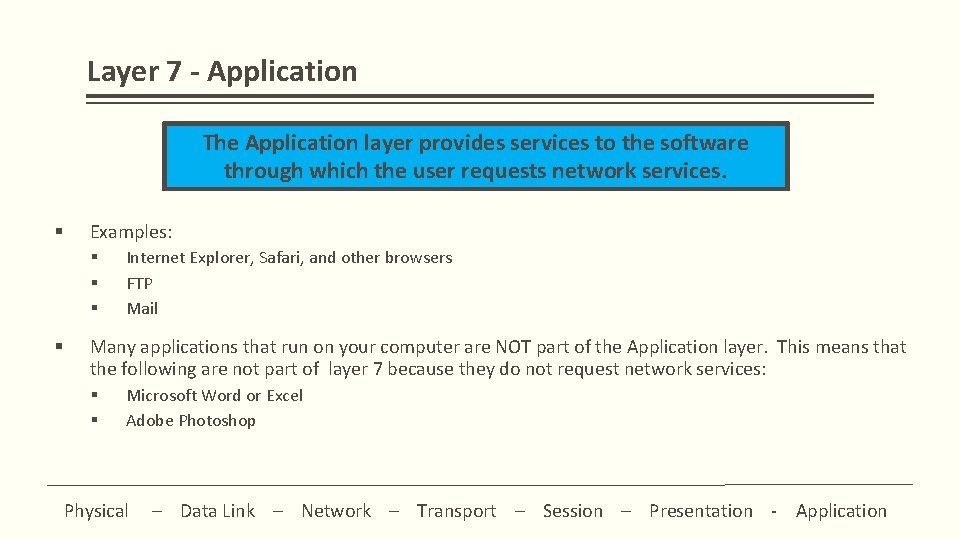 Layer 7 - Application The Application layer provides services to the software through which