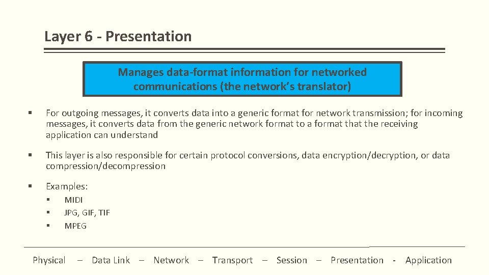 Layer 6 - Presentation Manages data-format information for networked communications (the network’s translator) §