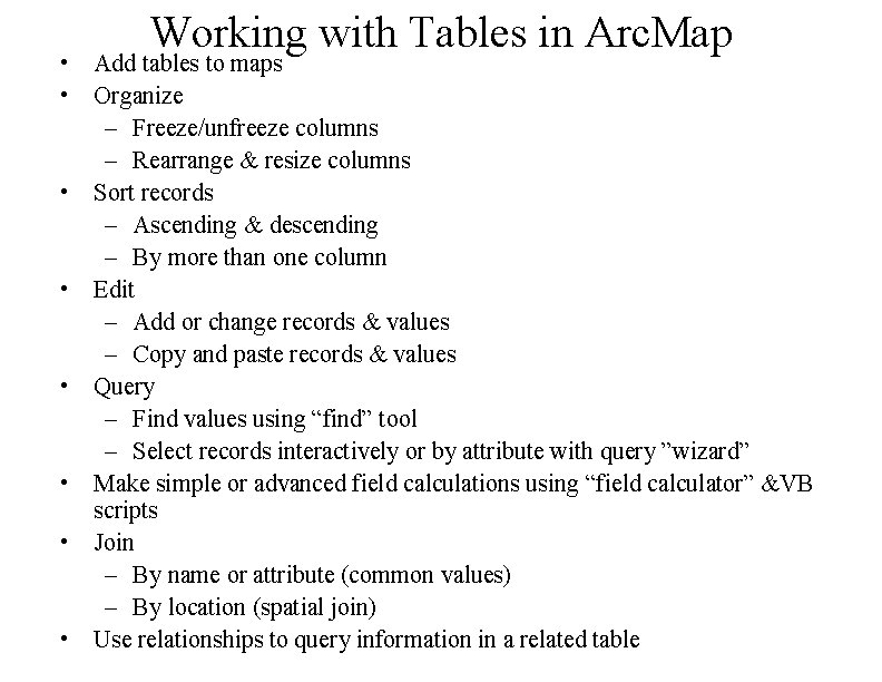Working with Tables in Arc. Map • Add tables to maps • Organize –