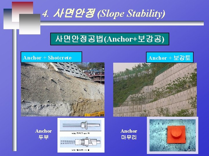 4. 사면안정 (Slope Stability) 사면안정공법(Anchor+보강공) Anchor + Shotcrete Anchor 두부 Anchor + 보강토 Anchor