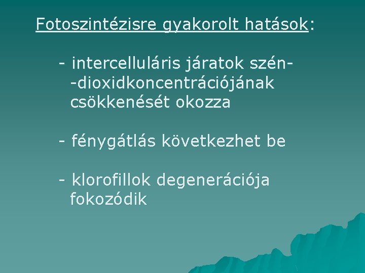 Fotoszintézisre gyakorolt hatások: - intercelluláris járatok szén-dioxidkoncentrációjának csökkenését okozza - fénygátlás következhet be -