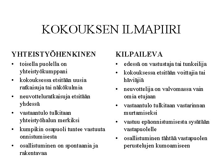 KOKOUKSEN ILMAPIIRI YHTEISTYÖHENKINEN KILPAILEVA • toisella puolella on yhteistyökumppani • kokouksessa etsitään uusia ratkaisuja