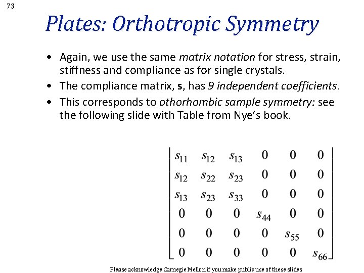 73 Plates: Orthotropic Symmetry • Again, we use the same matrix notation for stress,