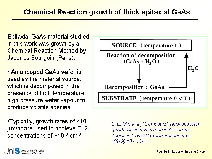 Chemical Reaction growth of thick epitaxial Ga. As Epitaxial Ga. As material studied in